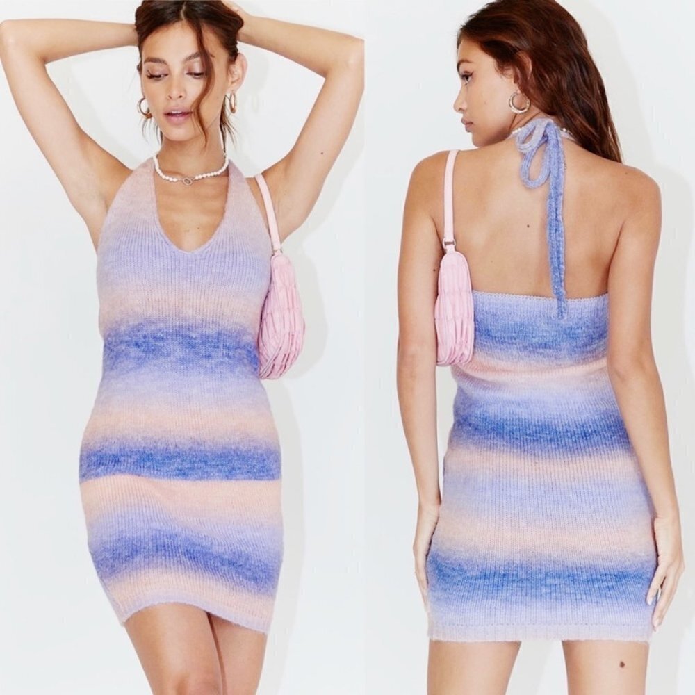 Princess Polly Blair Mini Sweater Halter Dress Ombre blue pink knit Size S/M